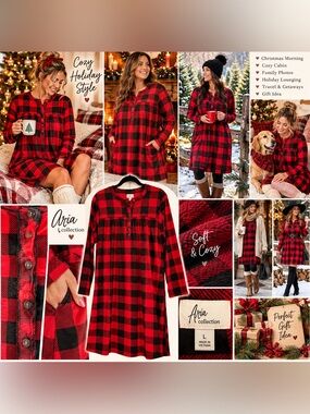 Aria Collection NWOT Buffalo Plaid Nightgown L Christmas Lounge Dress Pockets